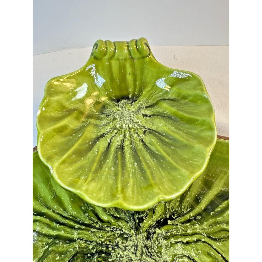 Vintage Treasure Craft MCM Green Clam Shell Chip/Dip Bowl Set 2-Tier Drip Glaze - Picture 4 of 13
